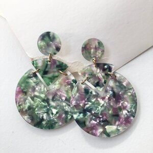Round Confetti Acetate Earrings Geometric Pie Cut Out Deep Green Multicolor